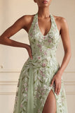 Floral Dusty Sage Halter Neck Appliqued Long Prom Dress with Slit