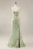 Sheath Floral Dusty Sage Halter Neck Ruched Long Prom Dress with Slit