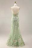 Sheath Floral Dusty Sage Halter Neck Ruched Long Prom Dress with Slit