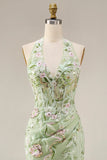 Sheath Floral Dusty Sage Halter Neck Ruched Long Prom Dress with Slit