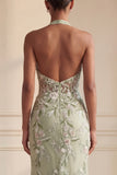 Sheath Floral Dusty Sage Halter Neck Ruched Long Prom Dress with Slit