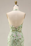 Sheath Floral Dusty Sage Halter Neck Ruched Long Prom Dress with Slit