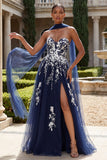 Navy A line Sweetheart Floral Long Prom Dress with Slit