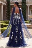 Navy A line Sweetheart Floral Long Prom Dress with Slit