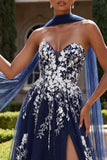 Navy A line Sweetheart Floral Long Prom Dress with Slit