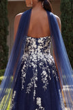 Navy A line Sweetheart Floral Long Prom Dress with Slit