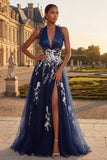 Appliqued Navy A line Floral Long Prom Dress with Slit