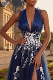 Appliqued Navy A line Floral Long Prom Dress with Slit
