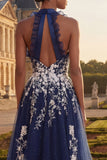 Appliqued Navy A line Floral Long Prom Dress with Slit