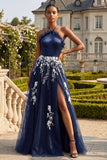Navy Floral Halter Neck Appliqued Ruffled Long Prom Dress with Slit