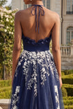 Navy Floral Halter Neck Appliqued Ruffled Long Prom Dress with Slit