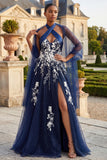 Sparkly Navy Floral Halter Neck Long Prom Dress with Slit