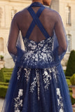 Sparkly Navy Floral Halter Neck Long Prom Dress with Slit
