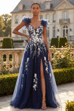 Sparkly Navy Floral A Line Appliqued Long Prom Dress with Slit