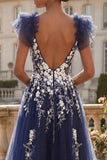 Sparkly Navy Floral A Line Appliqued Long Prom Dress with Slit