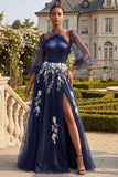 Navy Floral Halter Neck Ruffled Long Appliqued Prom Dress with Slit