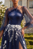 Navy Floral Halter Neck Ruffled Long Appliqued Prom Dress with Slit