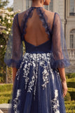 Navy Floral Halter Neck Ruffled Long Appliqued Prom Dress with Slit
