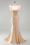 Satin Floral Blush Corset Ruffled Appliqued Long Prom Dress
