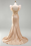 Satin Floral Blush Corset Ruffled Appliqued Long Prom Dress