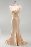 Satin Floral Blush Corset Ruffled Appliqued Long Prom Dress
