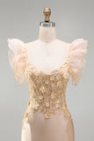 Satin Floral Blush Corset Ruffled Appliqued Long Prom Dress