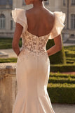 Satin Floral Blush Corset Ruffled Appliqued Long Prom Dress