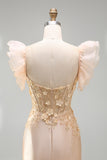 Satin Floral Blush Corset Ruffled Appliqued Long Prom Dress