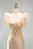 Satin Floral Blush Corset Ruffled Appliqued Long Prom Dress