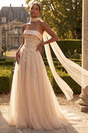 Corset Blush Floral Strapless A Line Long Prom Dress with Neck Scarf