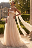 Corset Blush Floral Strapless A Line Long Prom Dress with Neck Scarf