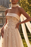 Corset Blush Floral Strapless A Line Long Prom Dress with Neck Scarf