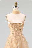 Corset Blush Floral Strapless A Line Long Prom Dress with Neck Scarf