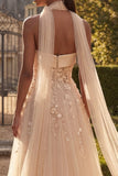Corset Blush Floral Strapless A Line Long Prom Dress with Neck Scarf