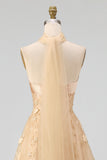Corset Blush Floral Strapless A Line Long Prom Dress with Neck Scarf