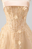 Corset Blush Floral Strapless A Line Long Prom Dress with Neck Scarf