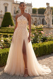 Halter Neck Blush Floral Corset Appliqued Long Prom Dress with Slit