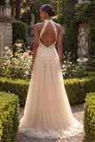 Floral Appliqued Blush Corset Long Prom Dress with Slit