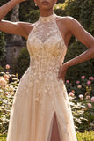 Floral Appliqued Blush Corset Long Prom Dress with Slit