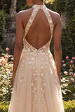 Floral Appliqued Blush Corset Long Prom Dress with Slit
