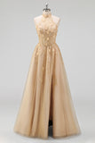 Floral Appliqued Blush Corset Long Prom Dress with Slit