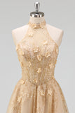 Floral Appliqued Blush Corset Long Prom Dress with Slit