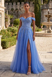 Off the Shoulder Floral Blue Corset A Line Long Prom Dress with Slit