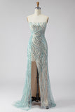 Sparkly Blue Mermaid Strapless Sequined Long Prom Dress with Slit