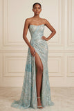 Sparkly Blue Mermaid Strapless Sequined Long Prom Dress with Slit