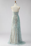 Sparkly Blue Mermaid Strapless Sequined Long Prom Dress with Slit