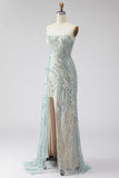 Sparkly Blue Mermaid Strapless Sequined Long Prom Dress with Slit