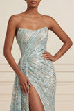 Sparkly Blue Mermaid Strapless Sequined Long Prom Dress with Slit