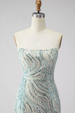 Sparkly Blue Mermaid Strapless Sequined Long Prom Dress with Slit