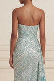Sparkly Blue Mermaid Strapless Sequined Long Prom Dress with Slit